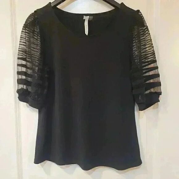 NY Collection Women's Black Poly/Spandex Knit Lace Half Length Sleeve Top EUC - Picture 4 of 12